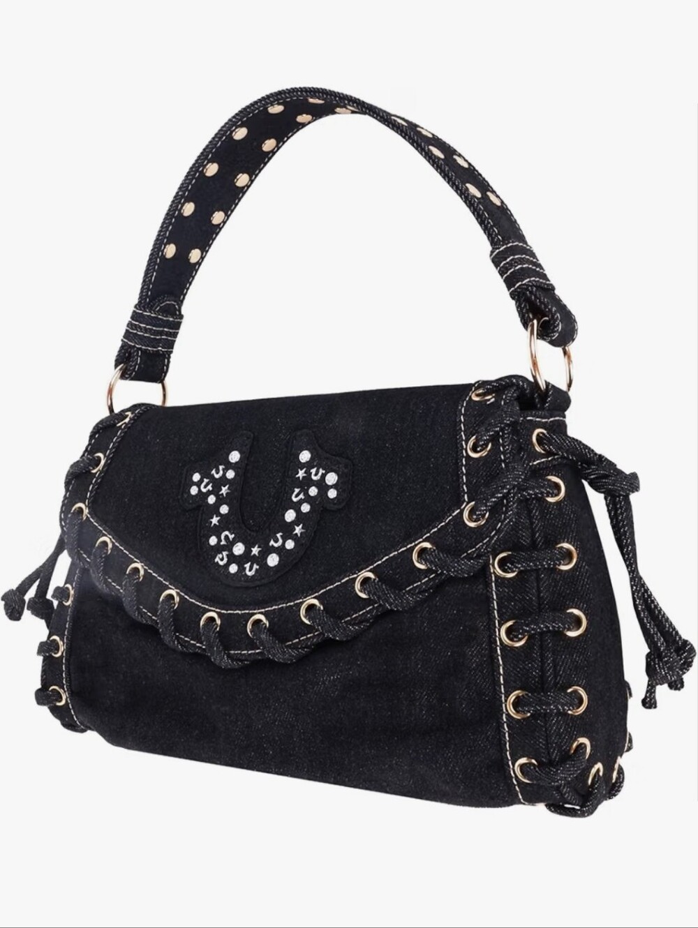 True Religion Women's Studded Horseshoe Eyelet Denim Flap Bag Crossbody Shoulder